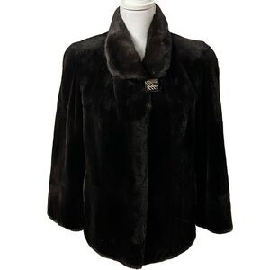 Black Sheared Mink Skin On Skin Fur Jacket Ranch Mink Fur Collar Size M Genuine